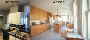 Before and after of a kitchen renovation.