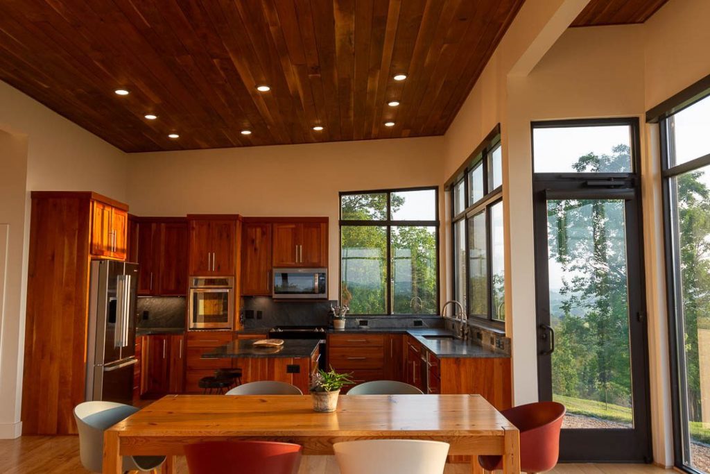 kitchen, island, and dining table