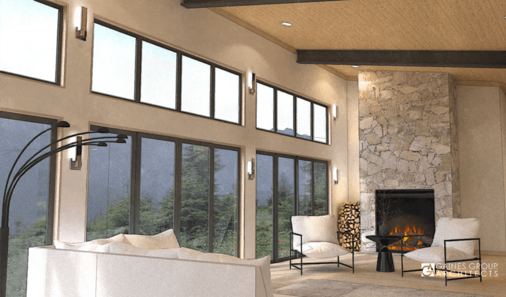 Rendering of living room with fireplace, cozy chairs, and lots of big windows.