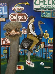 Artist rendering of an ostrich with street signs locally, owned, handmade, handcrafted, harrisonburg, downtown, small, business, buy